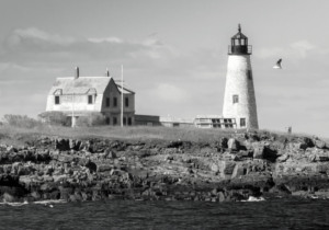 Black & white view of Wood Island Lighthouse
