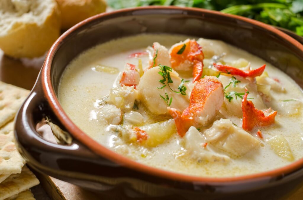 A bowl of authentic Maine seafood chowder.