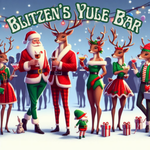 promo image for blitzen's yule bar, santa and reindeer enjoying cocktails