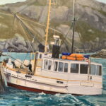 painting of a working fishing boat landing at a pier