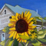 painting of a sunflower in front of a house