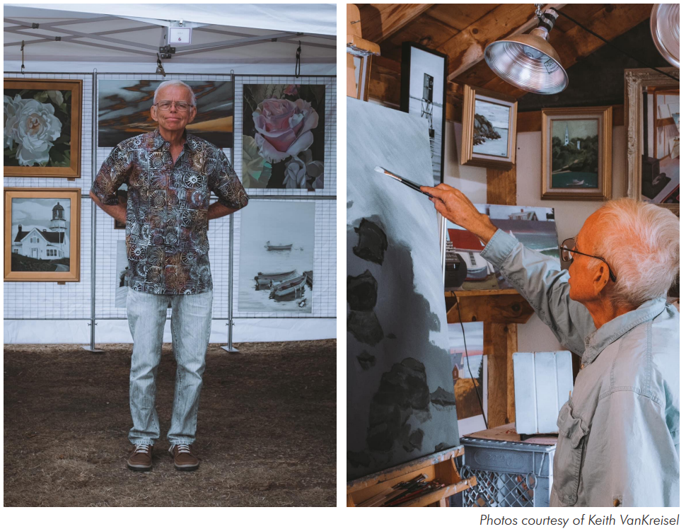 Images of George Baker at an art show and in his studio